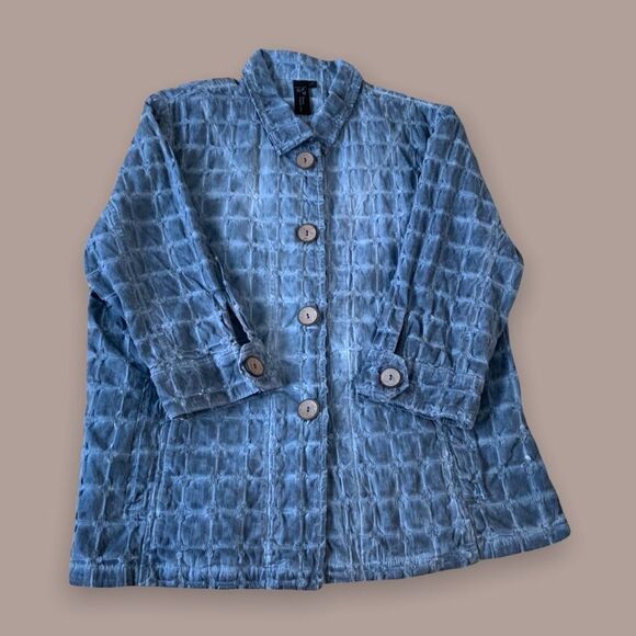 Focus Blue Checkered 3/4 Sleeve Women’s Button Down Shirt Size M - Picture 2 of 5